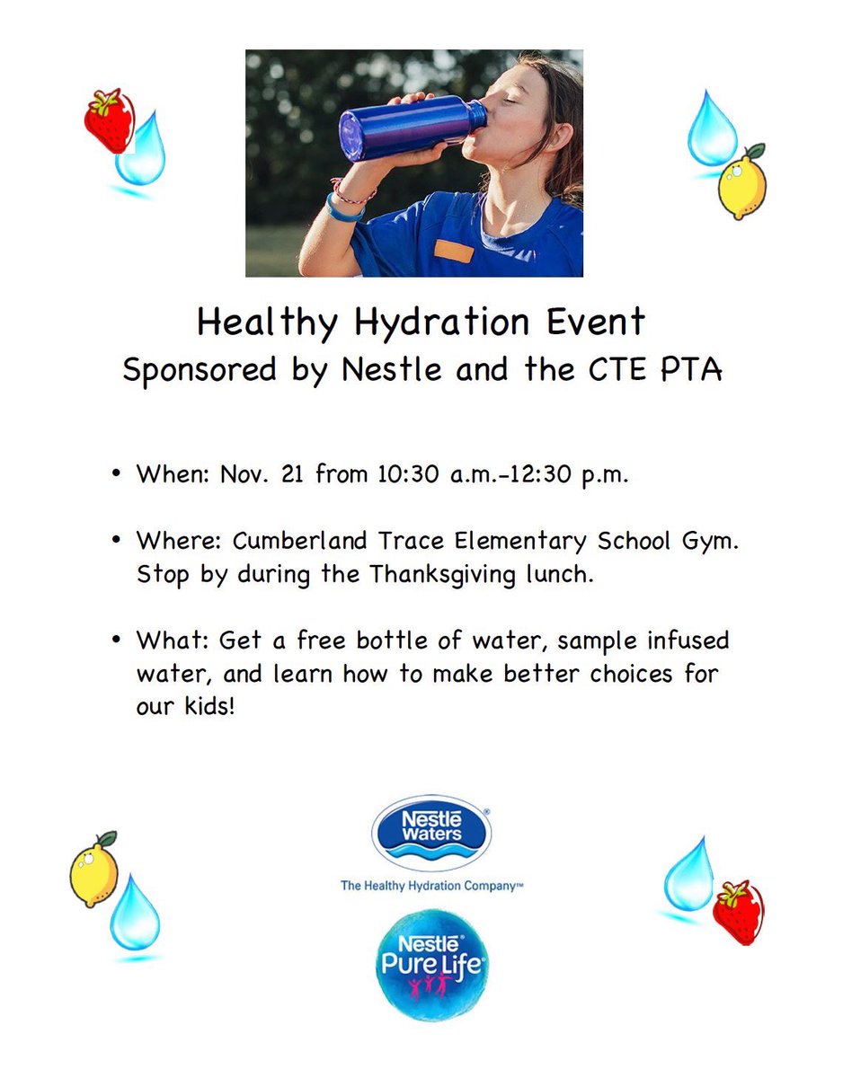 Don't forget to swing by tomorrow during lunch to visit our Healthy Hydration table! We will have water samples, info on recycling and a dietician on hand to talk about making good choices! Please bring your kids with you so everyone can get in on the fun!