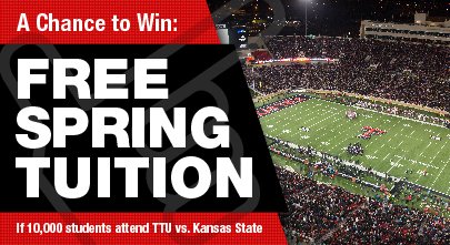 TexasTech's tweet image. 🔴 If 10,000 #TexasTech students attend Saturday's @TexasTechFB game, ONE lucky student will win free spring tuition and fees! 
⚫ If 12,000 students attend, TWO will win! 
📣 So come out to support the Red Raiders as they take on Kansas State! 
#WreckEm! 👆