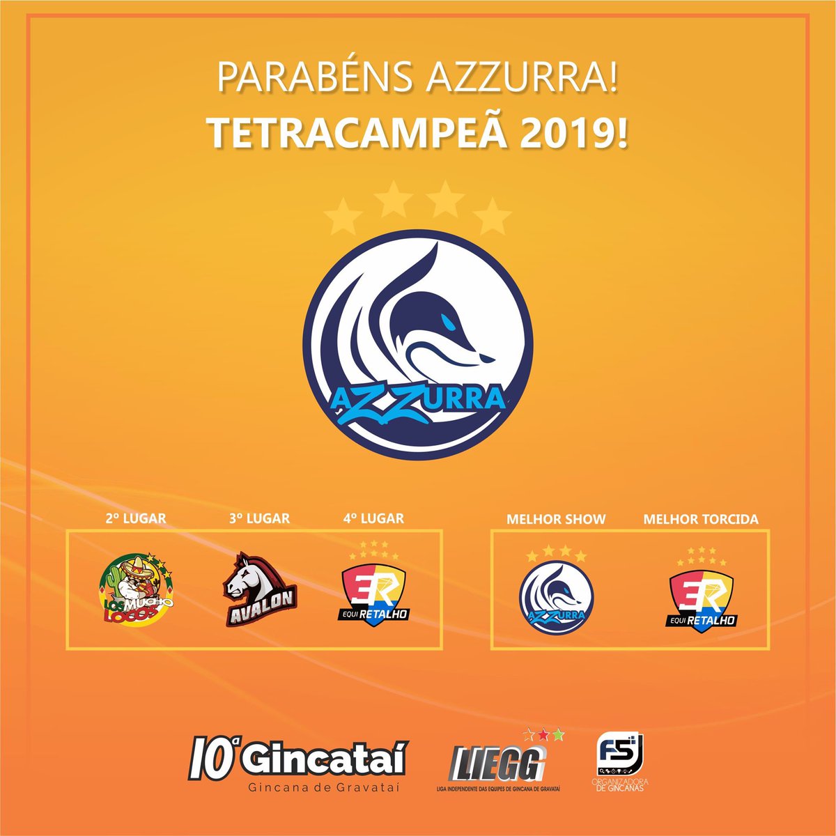 Finalizada a 10ª Gincataí, a LIEGG parabeniza a <a href="/equipeazzurra_o/">Equipe Azzurra 🦊</a> pelo tetracampeonato em 2019, e as demais equipes pela belíssima gincana que fizeram: <a href="/OficialLML/">Los Mucho Locos</a> <a href="/Equipe_Avalon/">AVALON 🐴🔥</a> e <a href="/equi_retalho/">EquiRetalho 💎</a>.

VIVA A GINCATAÍ E ATÉ 2020! ✨