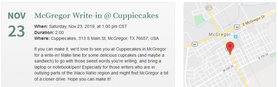 ctwlwriters's tweet photo. Waco-area writers, come join us at our next write-in--this Saturday at Cuppiecakes in McGregor! Make time for some delicious cupcakes (+ maybe a sandwich) to go with those sweet words you're writing! Especially for those in surrounding areas of Waco who find this a quicker drive. https://t.co/1TKbLWDKeU