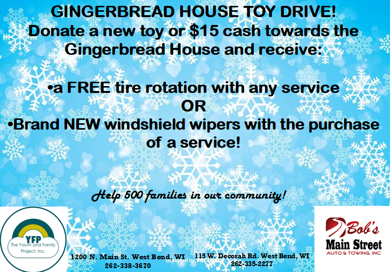 BobsAutoNTow's tweet photo. •GINGERBREAD HOUSE TOY DRIVE•

As the holidays are approaching we are looking to help families in our community! We are partnered up with The Youth and Family Project for our annual toy drive. Please stop by either of our locations to help our community. https://t.co/bWyRYoD34n
