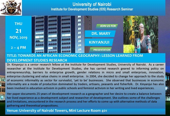 IDS-UON (@ids_uonbi) on Twitter photo Research entails interacting with respondents directly in the field through the use of interviews & questionnaires. Today Dr. Mary Kinyanjui will be sharing with us her experience in Development Studies Research for the past 25yrs.
<a href="/uonbi/">University of Nairobi</a> Room 401 from 2-4pm
#IDSUoNResearchAgenda Research entails interacting with respondents directly in the field through the use of interviews & questionnaires. Today Dr. Mary Kinyanjui will be sharing with us her experience in Development Studies Research for the past 25yrs.
<a href="/uonbi/">University of Nairobi</a> Room 401 from 2-4pm
#IDSUoNResearchAgenda