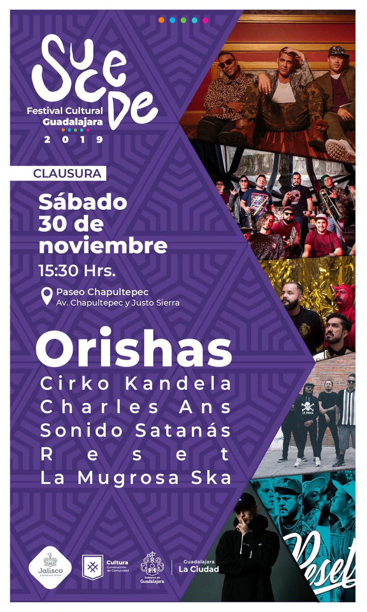 OrishasCuba's tweet photo. Cartel del #FestivalSucede con @OrishasCuba @OficialAns @sonidosatanas @MugrosaSka este próximo 30 de noviembre en Paseo Chapultepec. @culturagdl https://t.co/FVKOiQYRK2 https://t.co/lH9qxyhVlZ