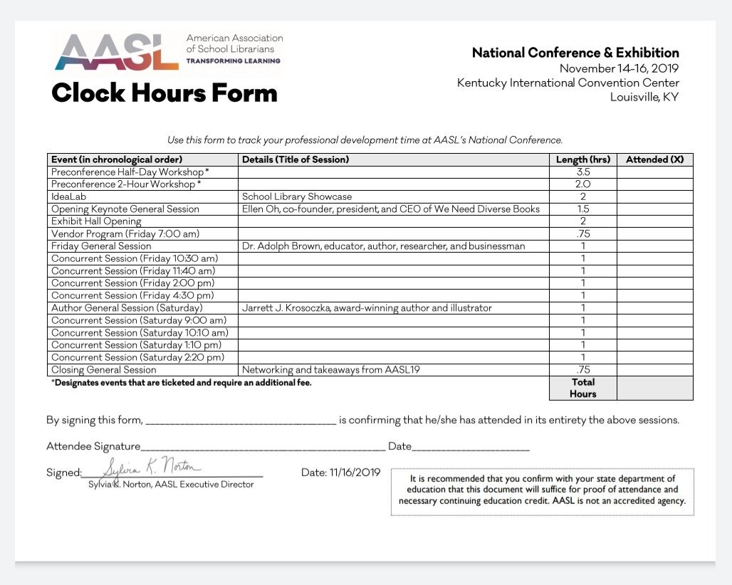 Need the form to clock your #AASL19 hours for your professional development records? Go to national.aasl.org/attendees/ to download the editable form! <a href="/aasl/">AASL</a>