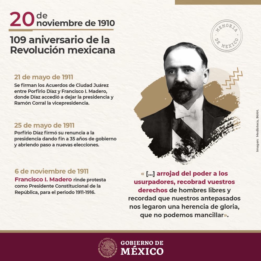 ConmemoracionMX's tweet photo. Nuestros antepasados nos legaron una herencia de gloria que no podemos mancillar: #FranciscoIMadero.  109 Aniversario de la  #RevoluciónMexicana 📸 https://t.co/Zp7CFf5JbN