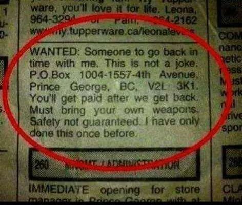 WANTED: Opportunity for writer. Heee Heee Heee... #timetravel #writing #WritingCommunity #scifi #scifiwriting #humor