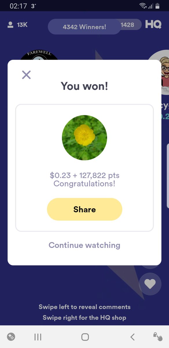 @hqtrivia Another few cents won, thanks to the one and only #ThePebble @TyTheFisch 👍 Worth staying up til gone 2am for 🙂 #UKplayer #SnoozeTime