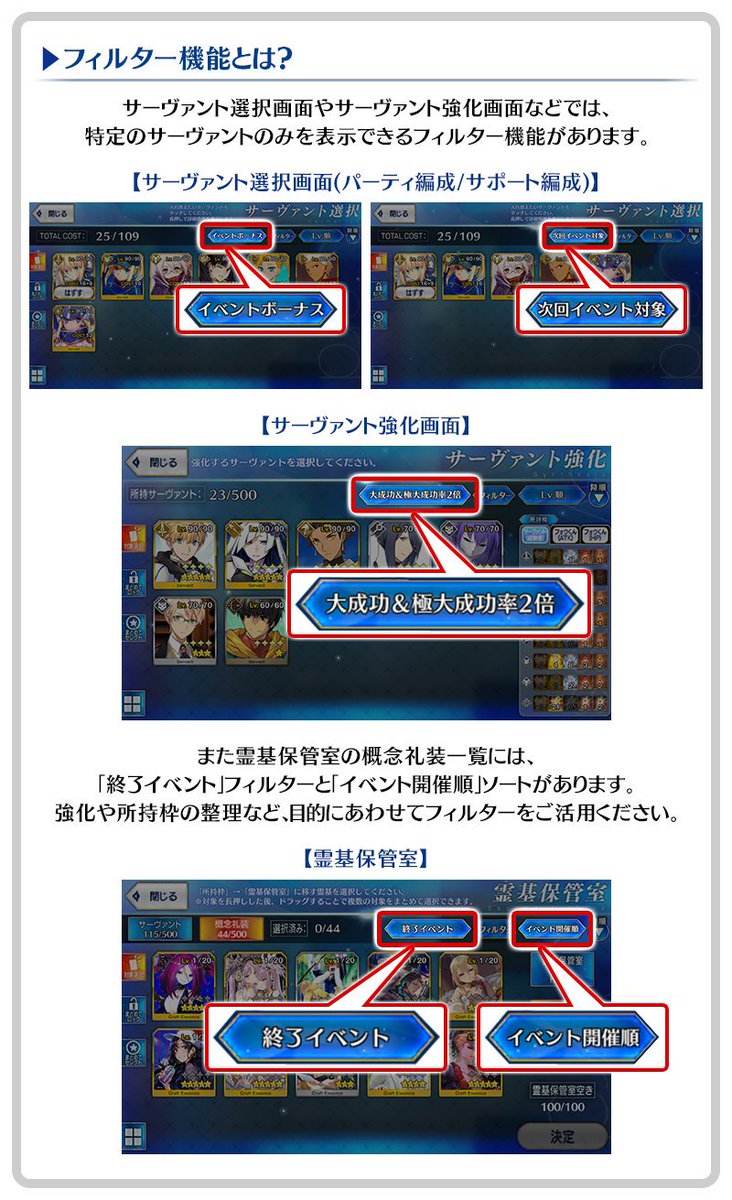 公式 Fate Grand Order Twitterren カルデア広報局より Tips サーヴァント強化 画面などでは 特定の対象のみを表示できるフィルター機能があります さらに霊基保管室の概念礼装一覧では 終了したイベントに関連する概念礼装のみを表示できますので 整理する際