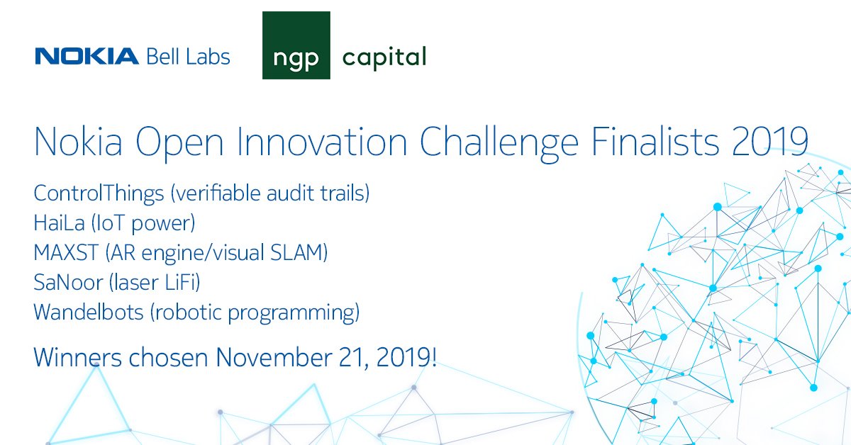 BellLabs's tweet photo. Today, we are selecting the winners of the @Nokia Open Innovation Challenge 2019, a competition which seeks companies to shape the future of the #IndustrialAutomation. https://t.co/5aUuZA9o3o

Good luck to the finalists! 
✅@ControlThingsOy
✅HaiLa
✅MAXST
✅SaNoor
✅@Wandelbots https://t.co/82Y7MIs5te