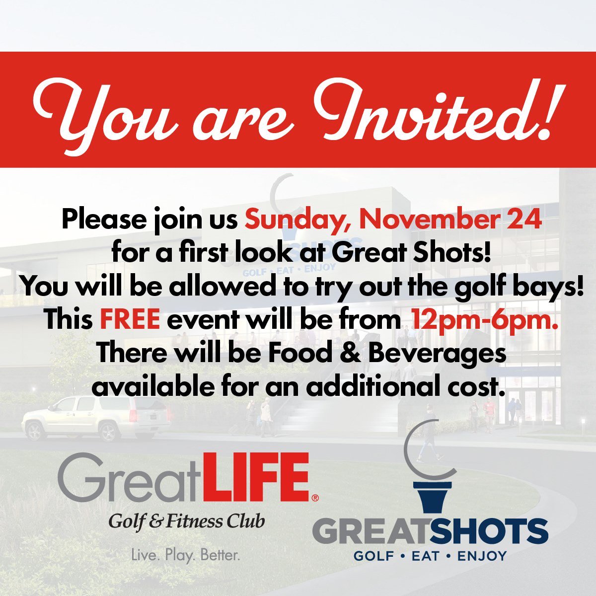 Hey GreatLIFE members! Come join us on Sunday for a special FREE member preview at Great Shots! You must be a member to attend. GL members receive 50% off bay rentals year round! See you there!
