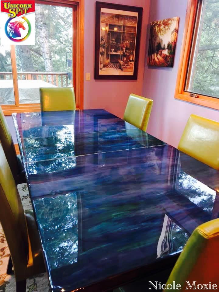 Unicorn SPiT Concentrated Gel Stain on X: This kitchen table stain blended  with Purple Hill Majesty, Zia Teal & Blue Thunder is absolutely gorgeous!  #momlife #DIY #unicornspit #Amethyst #geode #upcycling #decor   /