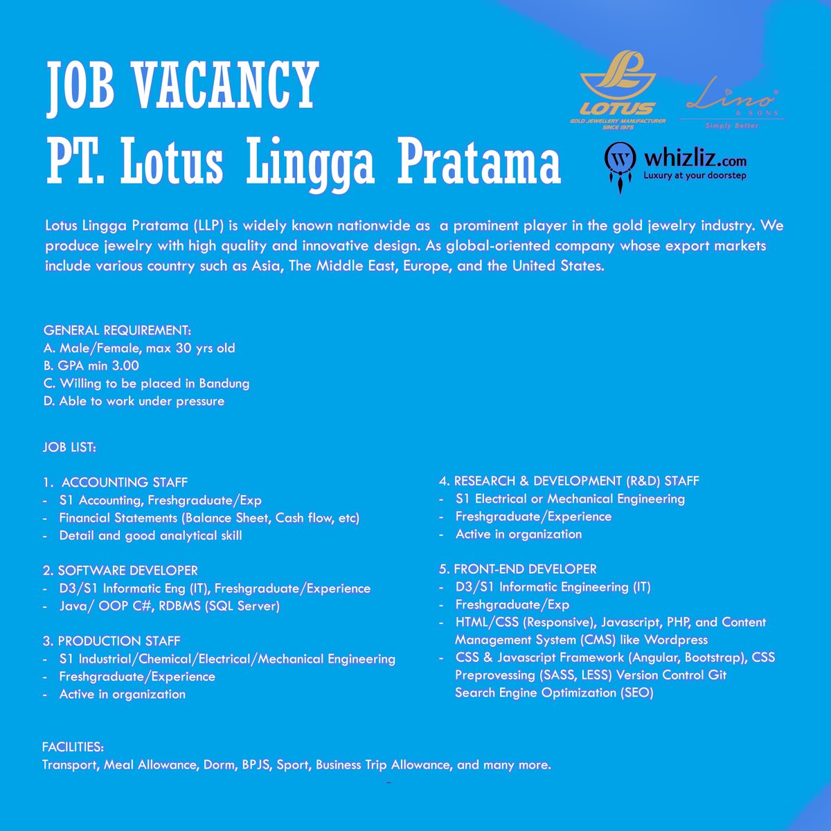 PT. Lotus Lingga Pratama membuka beberapa lowongan dan bagi yang berminat kirim email ke CRC!