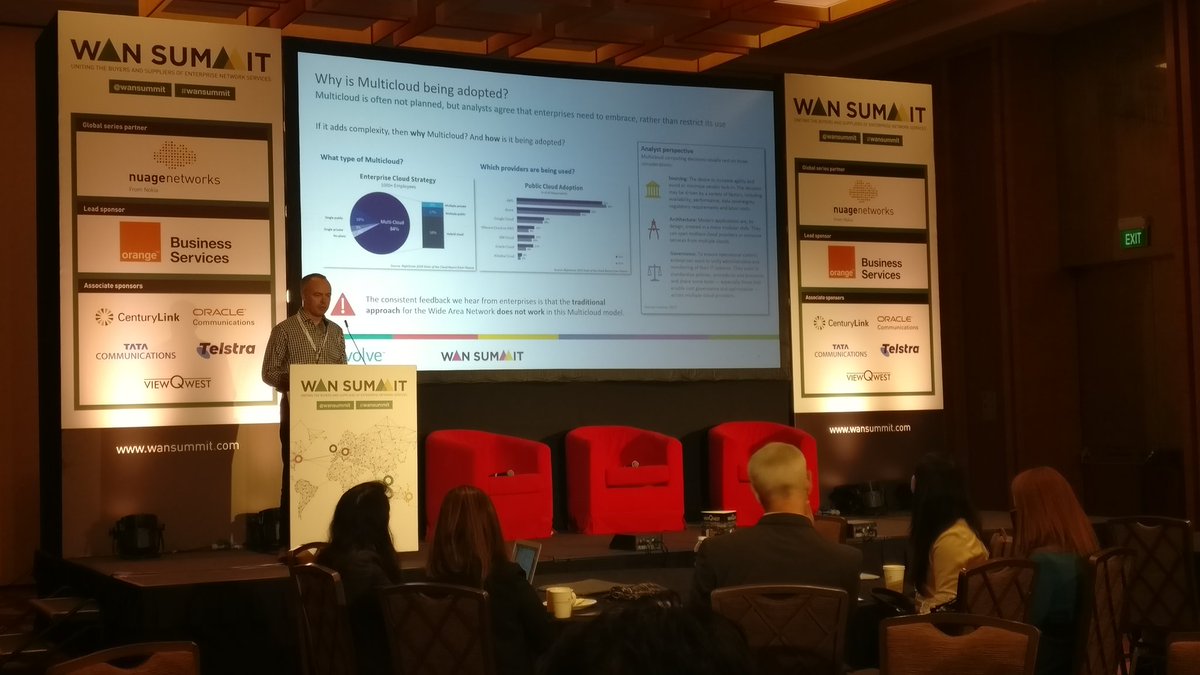 MHollbacher's tweet photo. What is a (often unplanned but increasingly more likely) multicloud environment doing to enterprise WANs, asks Ciaran Roche @coevolvetech, during the last session @WANSummit  Singapore 2019. https://t.co/wdbHbwbjLm