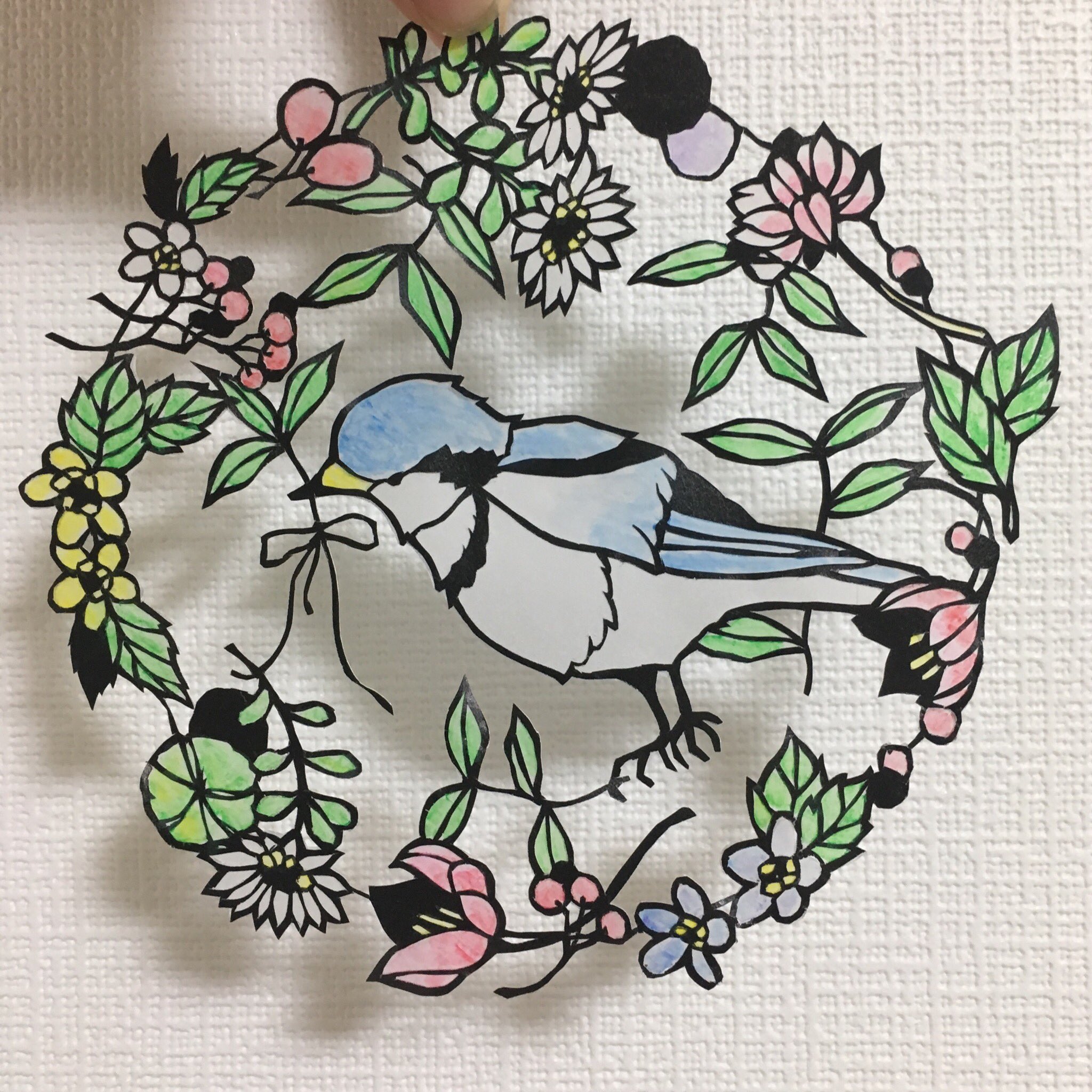 絵描きhiro C 「籠の鳥と花」 切り絵鳥と花
