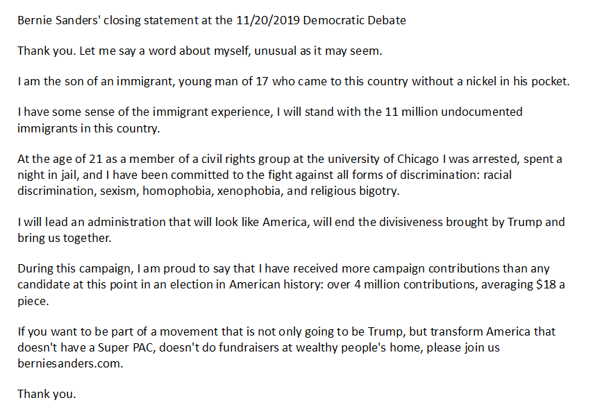 People4Bernie's tweet image. Transcription of @BernieSanders closing statement at #DemDebate5 

Join us: secure.actblue.com/donate/bernie-…