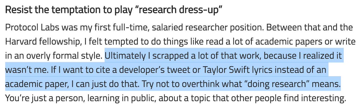 Ultimately I scrapped a lot of that work, because I realized it wasn’t me. If I want to cite a developer’s tweet or Taylor Swift lyrics instead of an academic paper, I can just do that. Try not to overthink what “doing research” means.