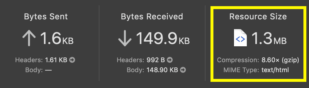 1.3MB of HTML highlighted in the network download.
