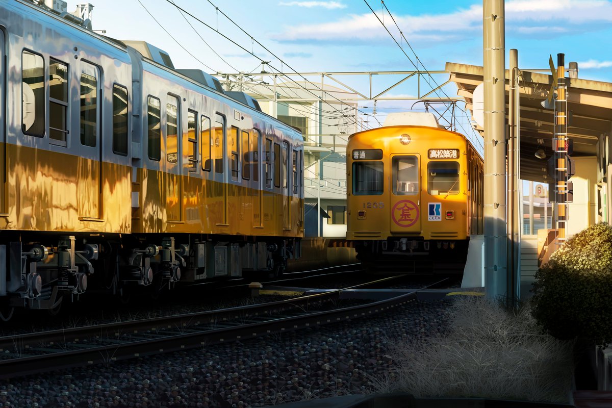「「黄色い電車」
琴電の黄色い電車描きました?️?️ 」|ハンカチのイラスト