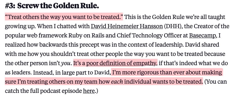 Screenshot of the article with highlighted sentences: "Treat others the way you want to be treated". It's a poor definition of empathy. I'm more rigorous than ever about making sure I'm treating others on my team how each individual wants to be treated.