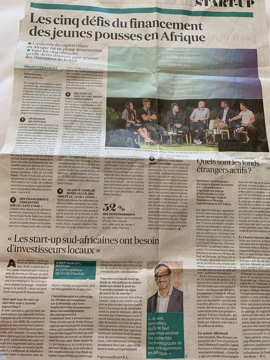 delphine's tweet photo. Lecture du matin from #Dakar ! Merci @Loydeborah @LesEchos «il ne faut pas sous estimer les capacités technologiques des entrepreneurs africains » @KeetvZ @KnifeCap @AfricArena2019 @orangeafrica @BreegaVC @PartechPartners @JFDOfficiel @LCalmore #JFD19 #JFD #Beyond #Africa https://t.co/i9CAwIKh1j