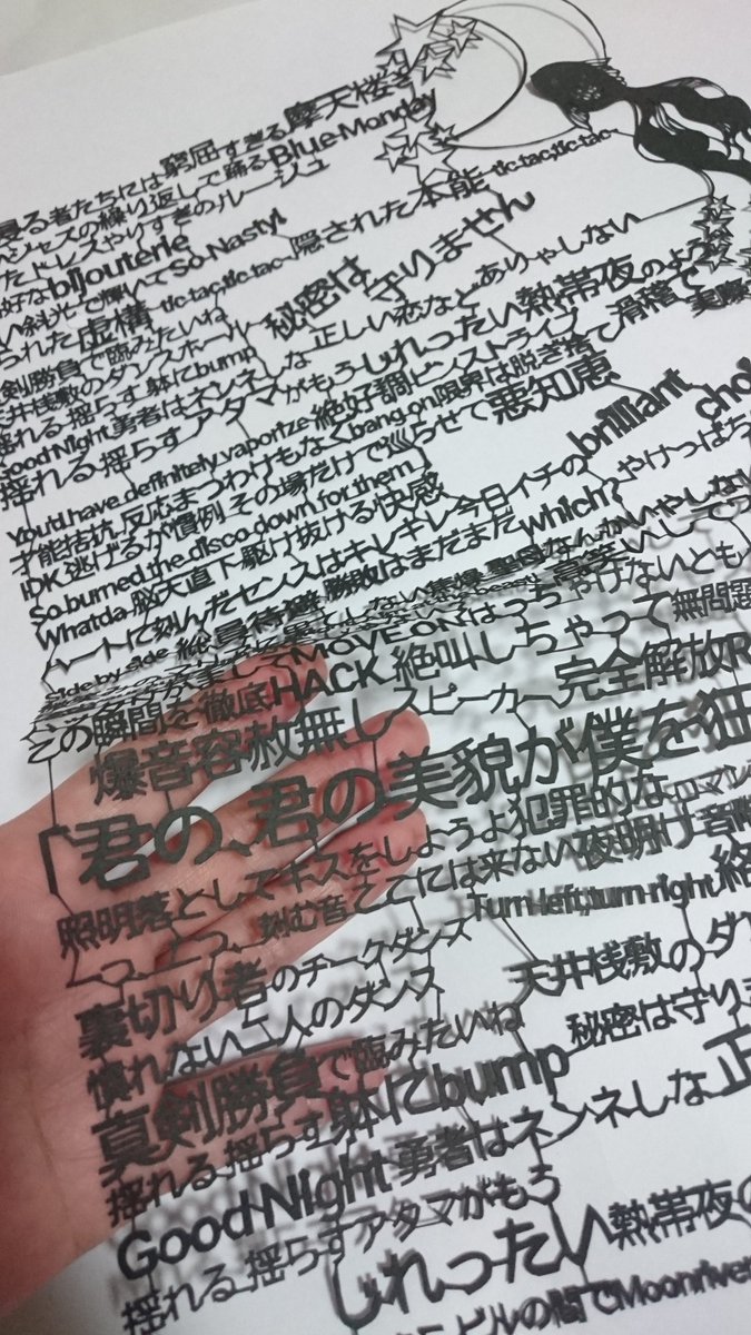 かすみ Twitter પર News 夜よ踊れ ようやく完成 歌詞の文字数に狂わされそうになりましたが 最後までできてよかった 人気の曲なので賛否両論あるとは思いますが 優しい気持ちで見ていただけると嬉しいです 歌詞を切り絵にしてみました T かすみ Twitter પર News 夜よ踊れ ようやく完成 歌詞の文字数に狂わされそうになりましたが 最後までできてよかった 人気の曲なので賛否両論あるとは思いますが 優しい気持ちで見ていただけると嬉しいです 歌詞を切り絵にしてみました T