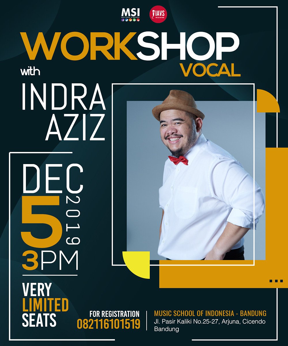 msi_school's tweet photo. Siang singers Bandung, workshops @indraaziz diadain lagi. Catet tanggalnya 5 Des, jam 3 lokasinya di MSI Bandung. Buruan dftr tmptny terbatas. Hub aja mimin msi bdg di 082116101519.
#singers #vocalindonesia #vocals #vocalteacher #iavsmsi #IAVSBDG #indraazis #msischool #msibandung https://t.co/xQZobUeU0W