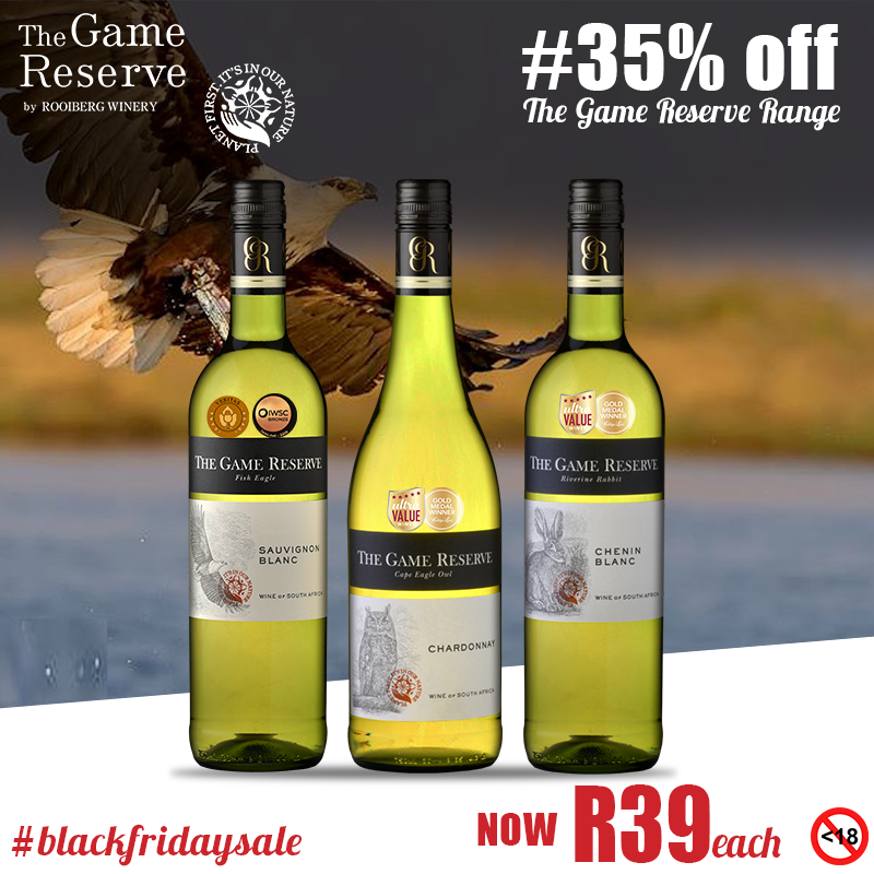 RooibergWines's tweet photo. This year #BLACKFRIDAY is about #wineswithacause

35% off The Game Reserve range
Available 15, 22 &amp; 29 November, exclusive to Rooiberg Tasting Room
T&amp;Cs Apply
Help preserve our natural heritage with wines that support the @WildernessFdnSA 
#bepartofit https://t.co/pMVqZ9K5WS