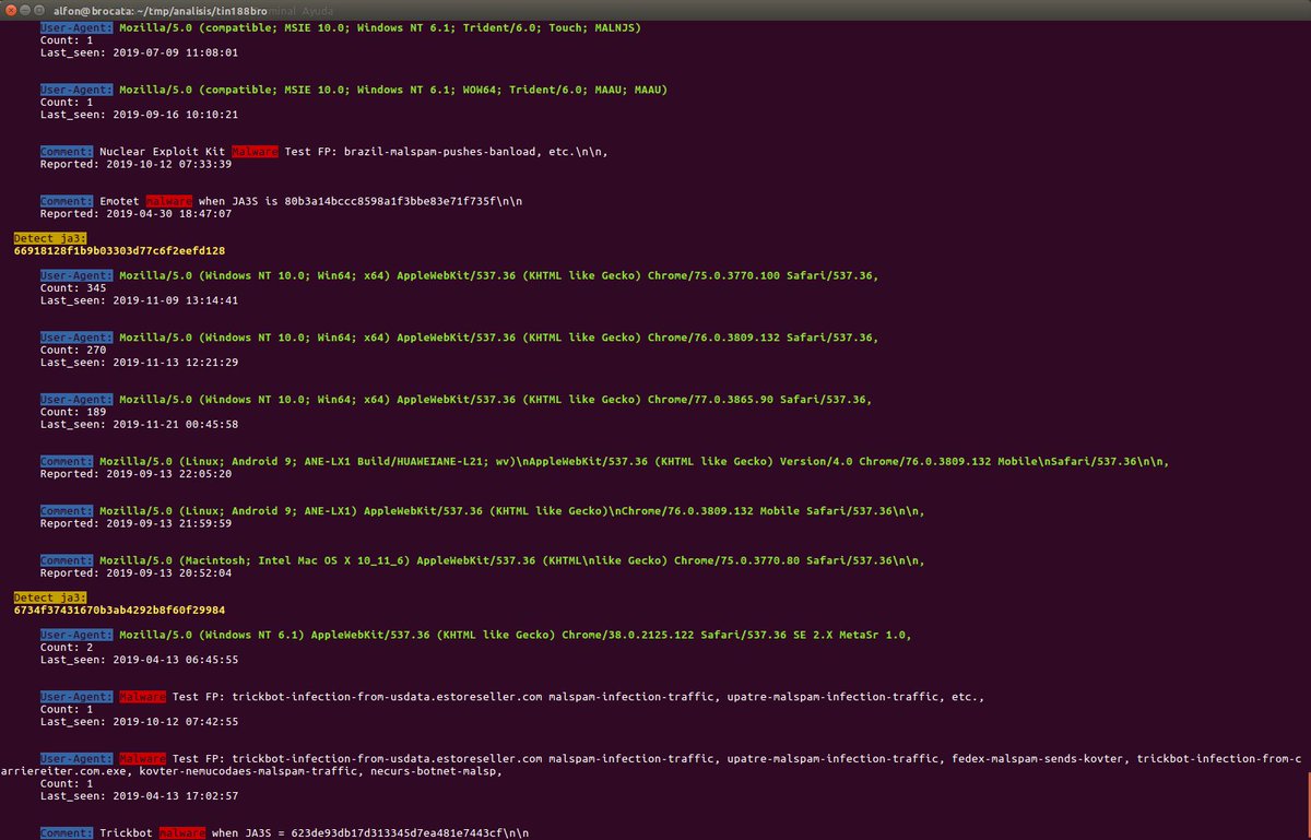seguridadyredes's tweet photo. #Zeek_IDS / #Bro_IDS. Detectando IOCs en base a #JA3 Fingerprint.

Afinando el script... y peparando para real-time

Fuente de datos: 
ssl.log 

'[.ja3,."id.orig_h",."id.resp_h",."id.resp_p",.cipher,.server_name,.resp_country]' https://t.co/kKGqZQwtSm