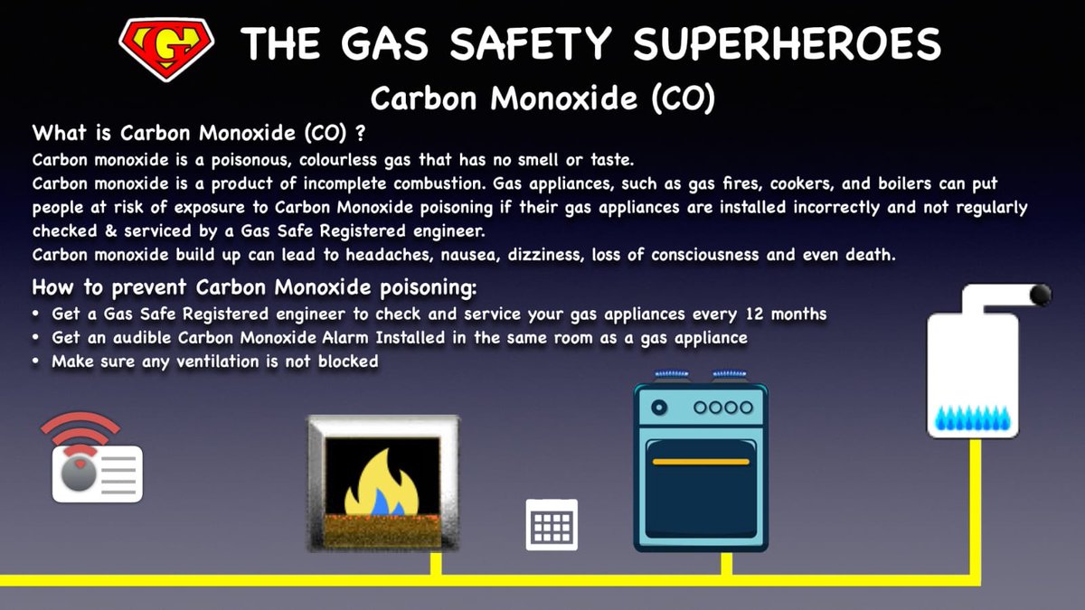gassafetyheroes's tweet image. Carbon Monoxide (CO) cause, symptoms, and prevention of CO poisoning #COAwarenessWeek #COAwarenessWeek19 #GSSH