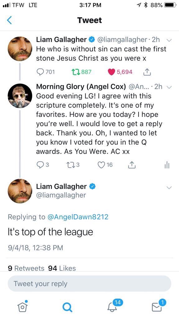 AngelDawn8212's tweet photo. My 3 replies from the God, the King, and my saving grace himself, Liam Gallagher. I got the 1st 7/19/18, 2nd one on 9/4/18, and the 3rd 11/21/19. Thank you Liam for being amazing, being you, being my saving grace, and always being real. Love you always Liam. AC xx @liamgallagher https://t.co/OiuWtvaSvZ