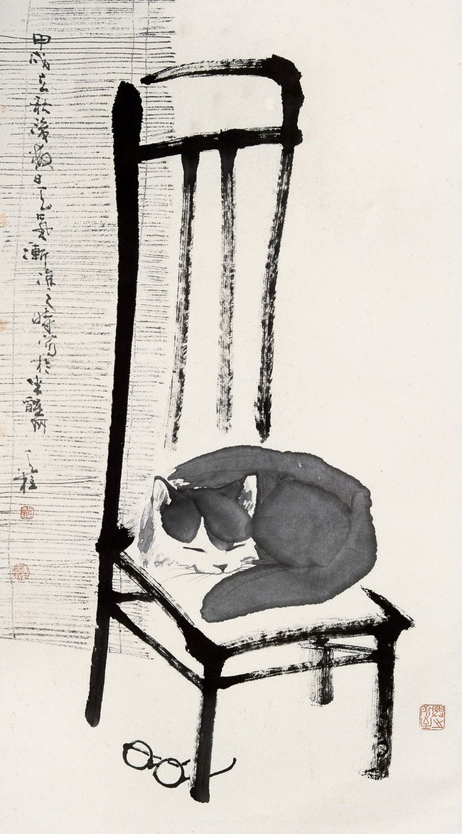 낮잠인가, 사색인가. 고양이의 오후. 

- Paintings: by Quin Tianzhu(秦天柱, b.1952) ※Ink and color on paper