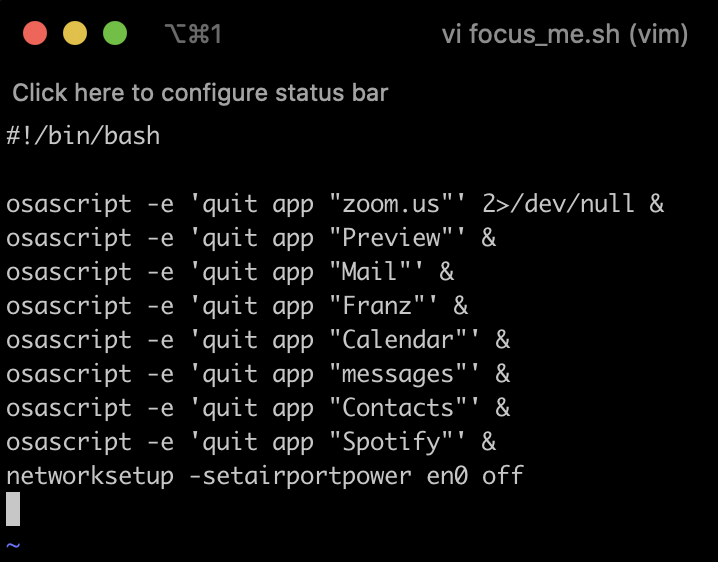 Trying to #focus using this multi-duper-Mac-machine to simply write my final coaching paper...
I was looking for something like this...now I have it: It closes the apps I don't need and shuts off the wifi!
I created a second script as well, what's might its name be? :)