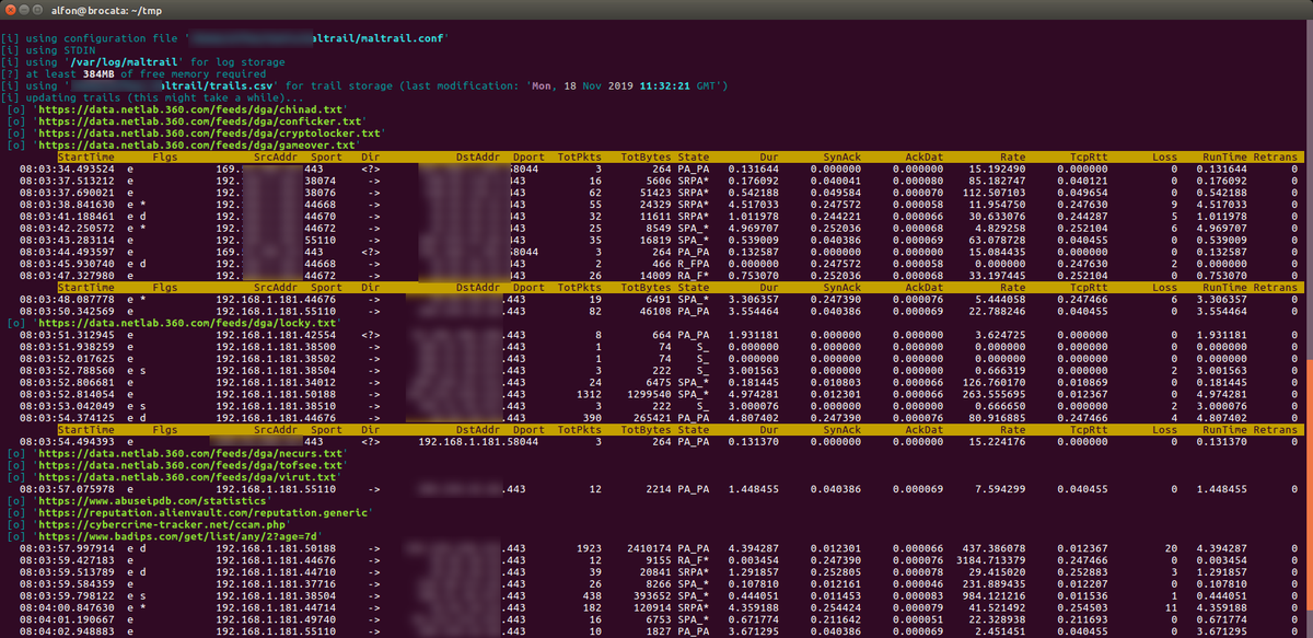 seguridadyredes's tweet photo. Ejecutando varios procesos y parseo/filtro datos de forma paralela y visualizando en un mismo terminal
Proceso padre: #netsniff-ng
(#netsniff-ng -ieth2 -b1 -H -o -)
Procesos hijos:#maltrail plugins strings peek,#Argus/ra (convieriendo datos en realtime) y #tshark tls.handshake https://t.co/8FCNX89Ngm