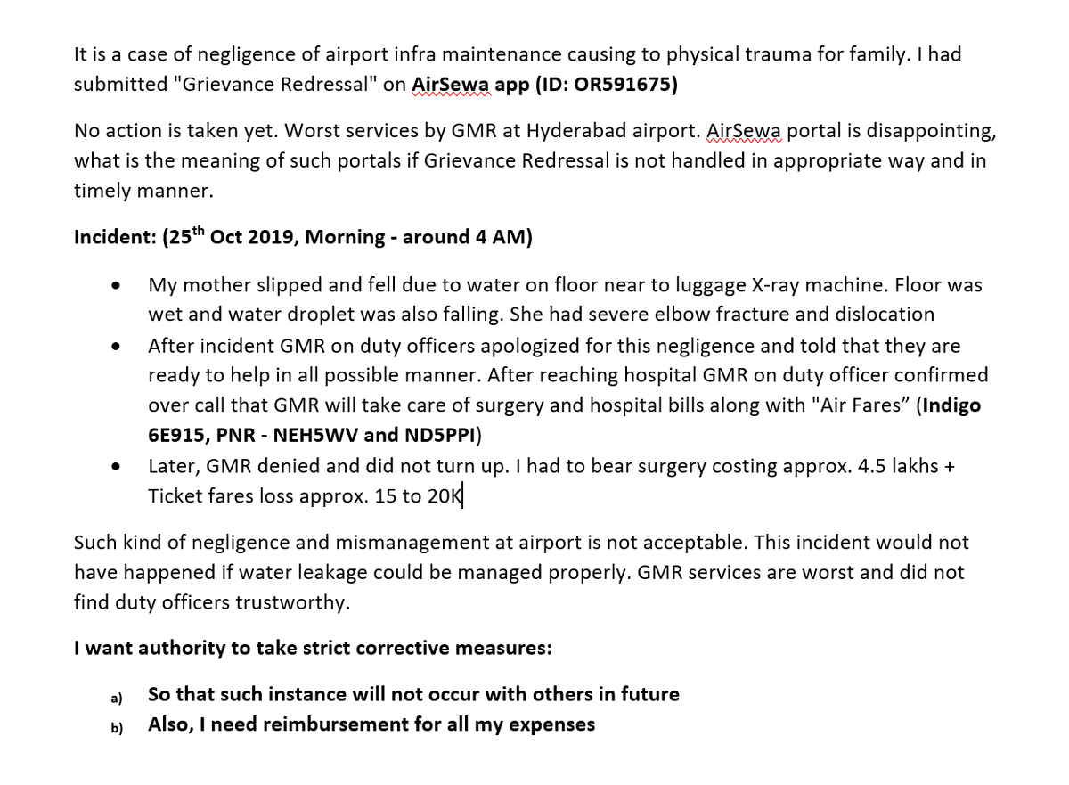 AjayAgrawaal's tweet photo. Case of negligence of airport infra maintenance, caused trauma for mother. Submitted Grievance @airsewa_MoCA-OR591675. Worst services by @GMR_Group @RGIAHyd. Duty officers are not trustworthy. Refer attachments. Need immediate #help @MoCA_Goi @AAI_Official
@HardeepSPuri
@IndiGo6E https://t.co/Kj9H1vqEXu