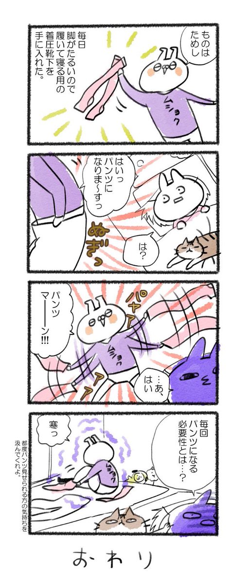 太ももまであるやつだからズボン邪魔なんだよ!
#るーさん #るー3 #日常 #日記 #4コマ漫画  