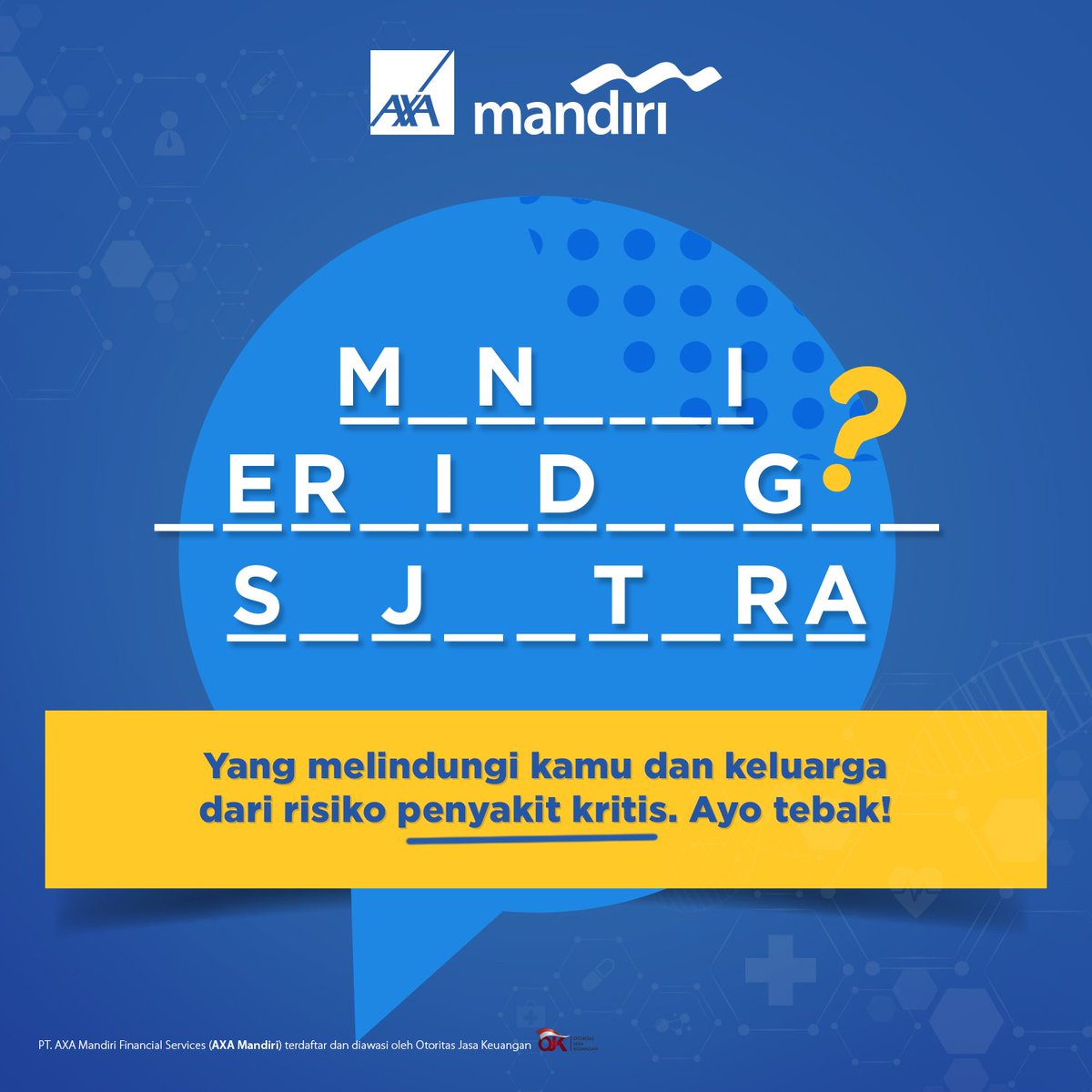 Tahukah kamu, stroke adalah penyebab kematian nomor 1 di Indonesia? Nah, diri sendiri dan keluarga juga perlu dilindungi agar terhindar dari risiko penyakit kritis. Tebak nama perlindungan penyakit kritis di bawah ini yuk! Dan temukan solusinya di sini bit.ly/2OJbffR