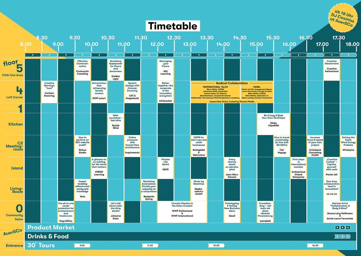 impacthubzurich's tweet photo. Our #OpenHubDay TIMETABLE is out! Check out all workshops, floors and times - we are SO EXCITED to offer this program to all of our visitors and newbies! Get your last minute day pass here: https://t.co/P5vZ4WnH8D
#openhubday #timetable #program #colab #overview https://t.co/5vn4IBjBLY