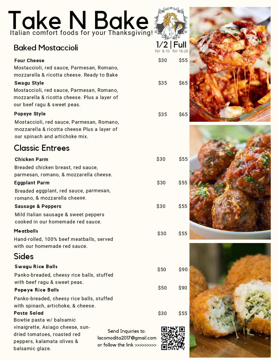 Thanksgiving is a week away, order your authentic, Take N Bake Italian comfort food from La Comodita!  MANGIA, MANGIA!!!

EASY &amp; SECURE ORDER FORM: buff.ly/35fP9rG
ORDERS OPEN: Now and Until Nov 25th! 
PICKUPS: Nov 26th - Nov 27th at A Midwest Kitchen (5740 N Milwaukee)