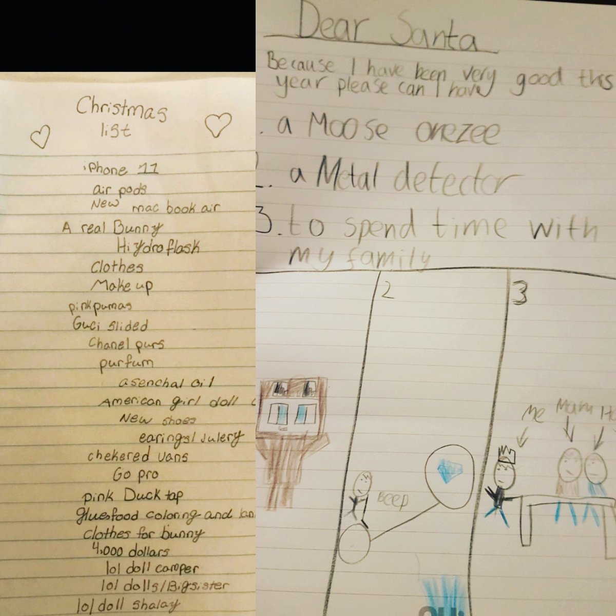 HAMD0G's tweet photo. Two kids in the world, two lists for santa, two worlds apart....#christmaswishlist #SantaClaus #Christmas2019 #presents #santa #Christmas https://t.co/BhCaz3zH8h