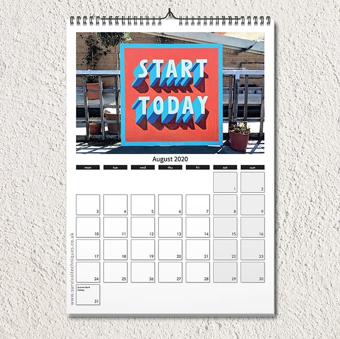 The Survival Techniques wall calendar is back for 2020. Each month has a different painting to serve as a daily reminder to be open and kind to yourself. 
Available now in the shop at bit.ly/3450MBC