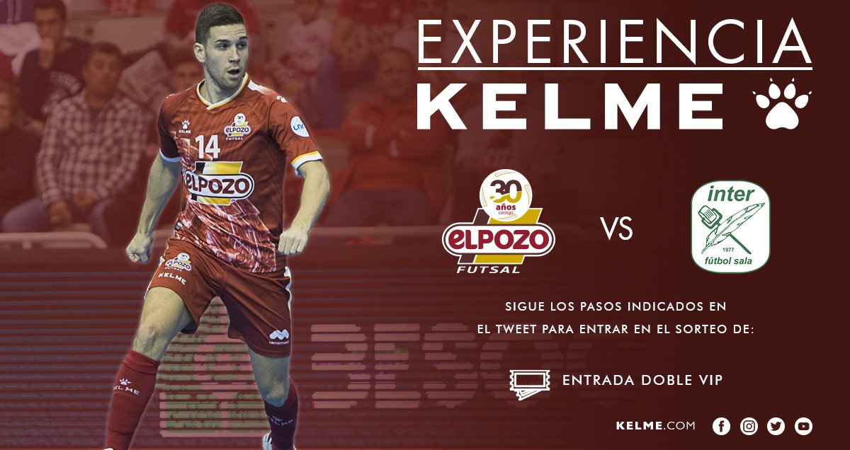 CONCURSO | ¿Quieres vivir una #ExperienciaKELME y ver el partidazo <a href="/ElPozoMurcia_FS/">ElPozo Murcia Costa Cálida FS</a> vs <a href="/InterMovistar/">Movistar Inter FS</a> en directo? ¡Puedes conseguir 2 entradas VIP! Condiciones. 👇🏽
1⃣ Dar RT al tweet
2⃣ Seguir nuestra cuenta <a href="/kelmesports/">KELME España</a>
3⃣ Seguir a <a href="/ElPozoMurcia_FS/">ElPozo Murcia Costa Cálida FS</a>

¡Suerte! 👏🏽 #EsPasiónEsElPozo