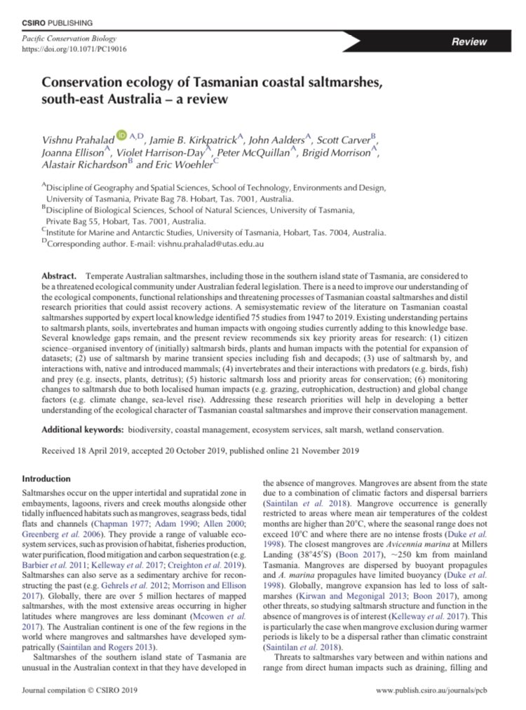 vishnu_prahalad's tweet photo. New review paper just published online covers all that we could find reported on Tasmanian #saltmarshes covering the whole spectrum of biotic, abiotic components and processes + offers a curated list for future research. #SaltmarshMatters @UTAS_ #utas_gss https://t.co/y5DjpMll4G https://t.co/vHMVisFTEQ