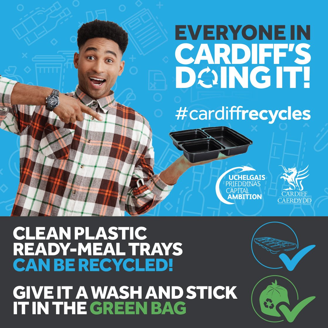 cardiffcouncil's tweet image. Everyone in Cardiff’s Doing It! Clean plastic ready-meal trays CAN be recylced. Give it a wash and stick it in the green bag #CardiffRecycles #Cardiff Click here to visit our A-Z of Recycling: socsi.in/fkxJj