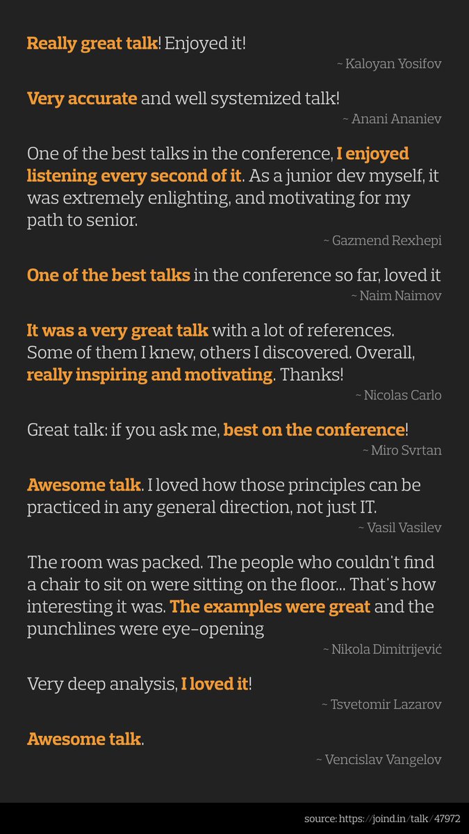 sskorc's tweet image. Two weeks ago I was in Sofia at @bgphpconf #BGPHP19 🐘🇧🇬 where I delivered my talk &quot;Senior Developer Development&quot;. The reception of my talk exceeded my wildest expectations! How not to love the audience who stay or sit on the floor for 40 min and then give this kind of feedback: