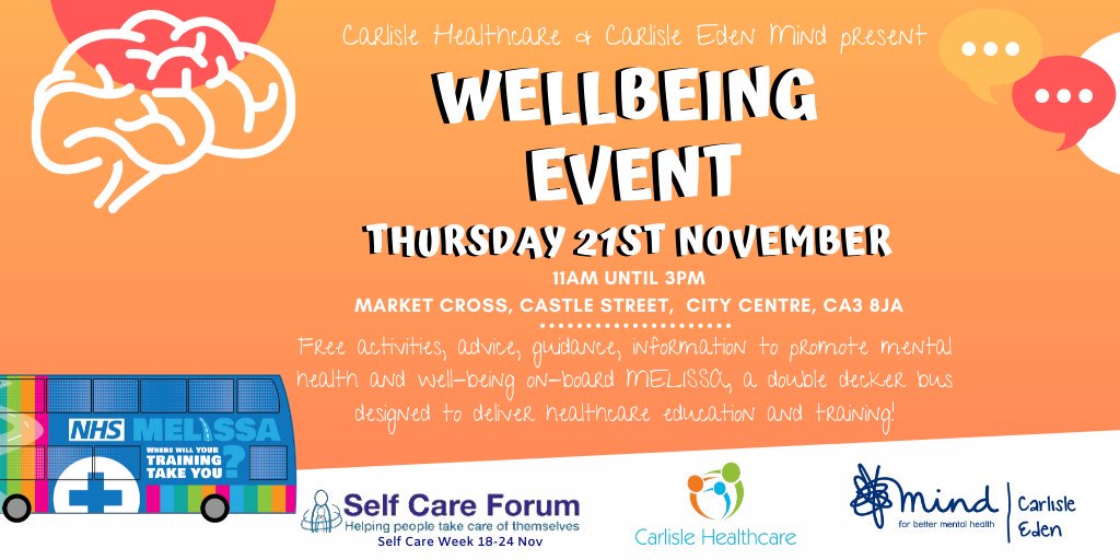 CarlisleHealth's tweet photo. Today we have our Wellbeing Event, from 11am-3pm in Carlisle City Centre. We have teamed up with @CE_Mind and will be on hand providing mental health info and guidance surrounding the services available to you in Carlisle.
#CarlisleSelfCare #ThinkSelfCareForLife @SelfCareForum https://t.co/1G9Nv6gvfn