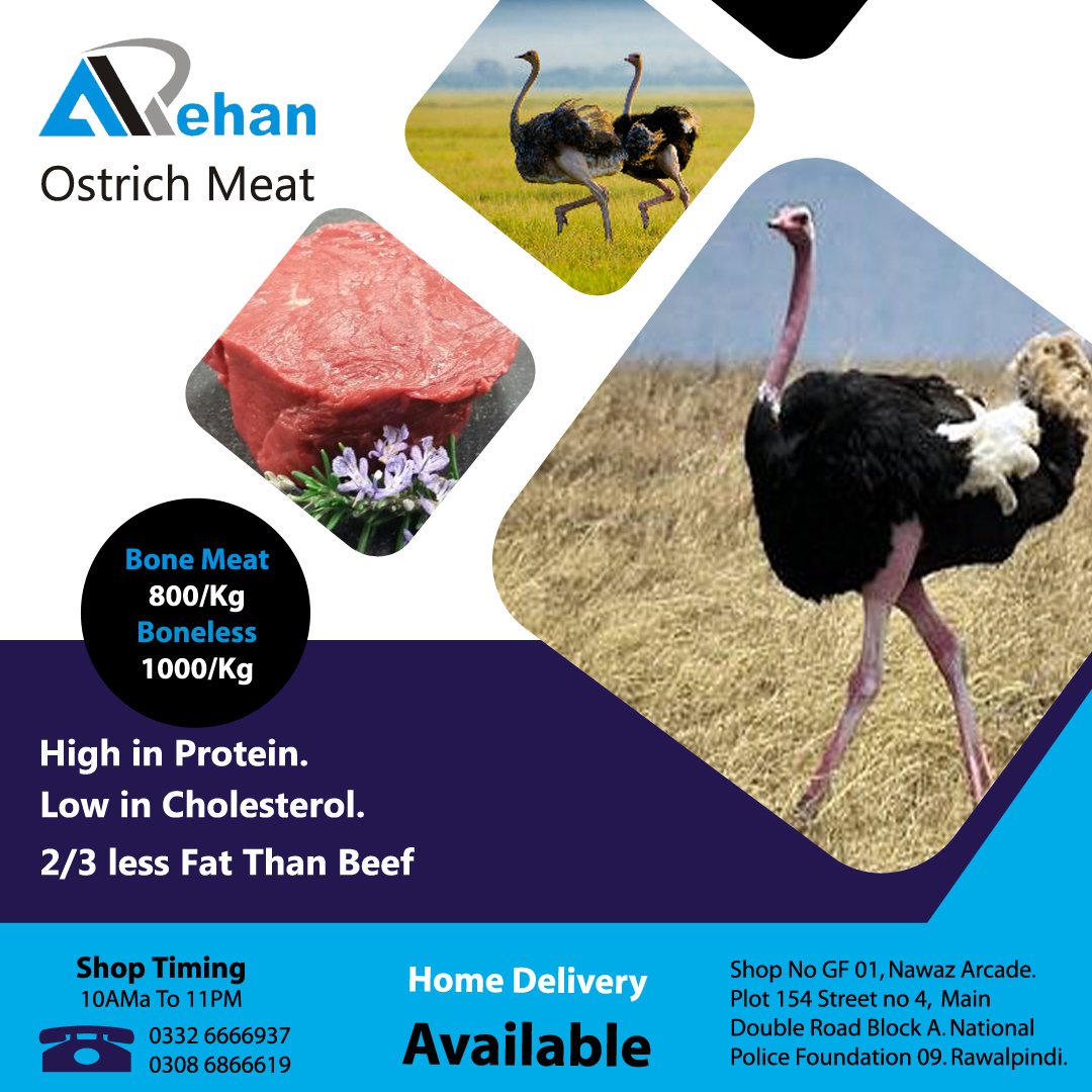 ArehanM's tweet photo. The study indicates quite clearly that ostrich meat is far better from the health point of view as it contains far less fat, and particularly less cholesterol, than other types of meat. https://t.co/1UhXIWwk7r