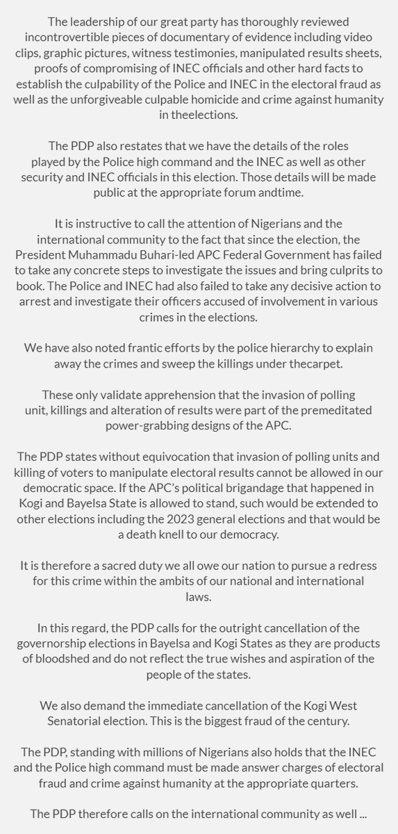 OfficialPDPNig's tweet photo. #BayelsaKogiDecides2019: Text Of Press Conference by the National Chairman Of The @OfficialPDPNig, @UcheSecondus, on the Position of the PDP on the Violence, Killings, Abuse of Human Rights &amp; Rigging in the November 16th Kogi And Bayelsa Governorship Elections. Read details below https://t.co/W2mgyUcTDs