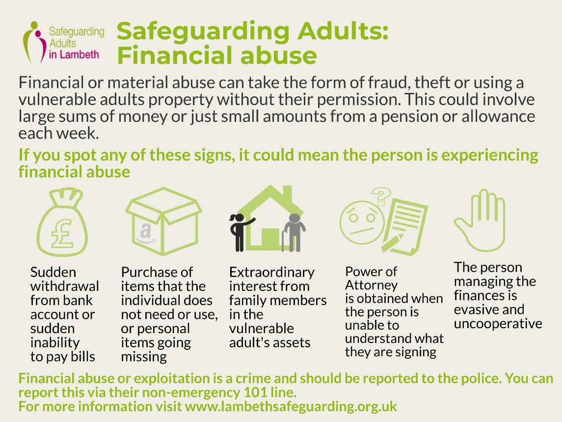 Financial abuse is one of the most prevalent forms of adult abuse and featured in 1/5 of all safeguarding concerns reported in Lambeth last year #SafeguardingAdultsWeek