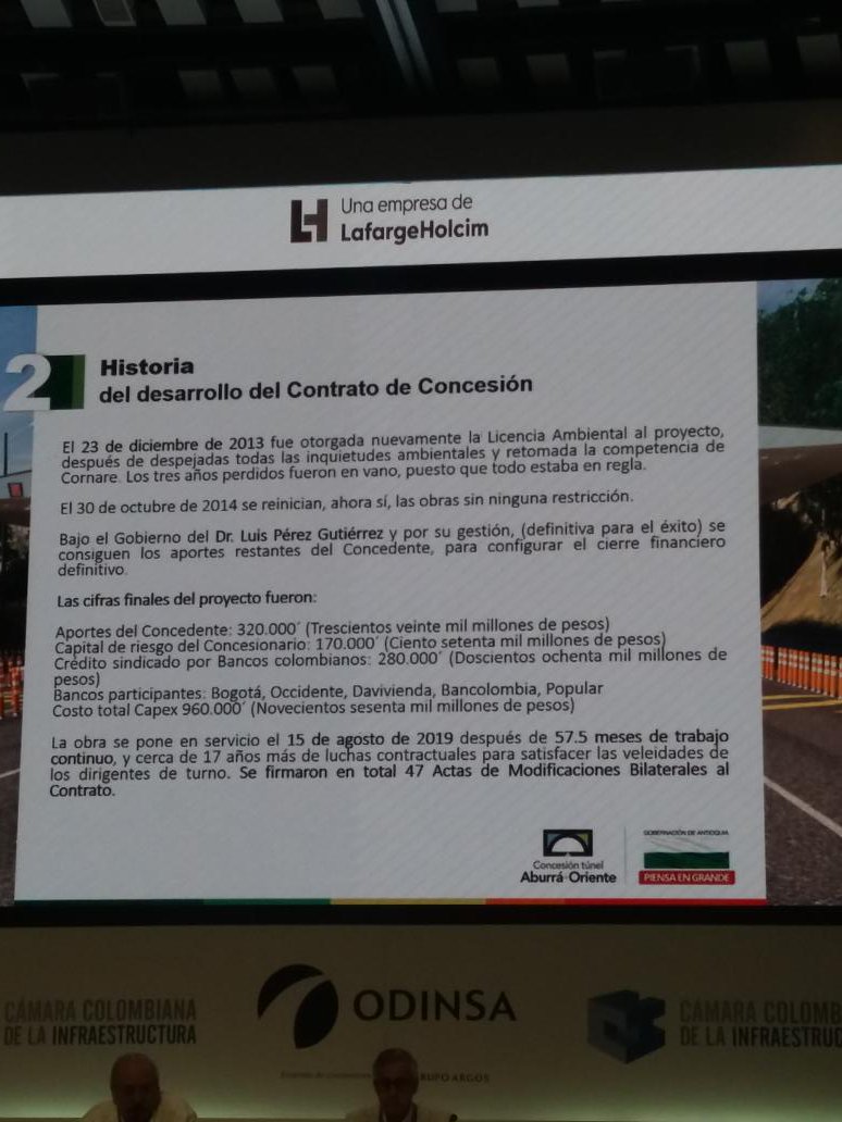 En este momento se expone en Congreso Nacional de Infraestructura historia <a href="/TunelDeOriente/">Túnel de Oriente</a>. Un obra emblemática. <a href="/asambleadeant/">Asamblea Departamental de Antioquia</a> @obrasantioquia. No reconocen apoyo de <a href="/asambleadeant/">Asamblea Departamental de Antioquia</a>. Ingratitud!.