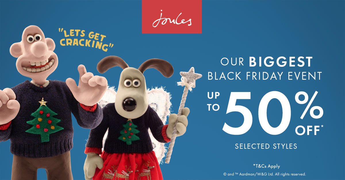 JoulesNotts's tweet photo. Our Black Friday event is in full swing. Up to 50% off on selected lines across Womens, Mens and Children. Why not come and treat yourself or someone else to a cracking Christmas gift 🎄 🎁 🎄 #JoulesOfNottingham #BridlesmithGate #ShopNotts https://t.co/4kOmHjzbw2